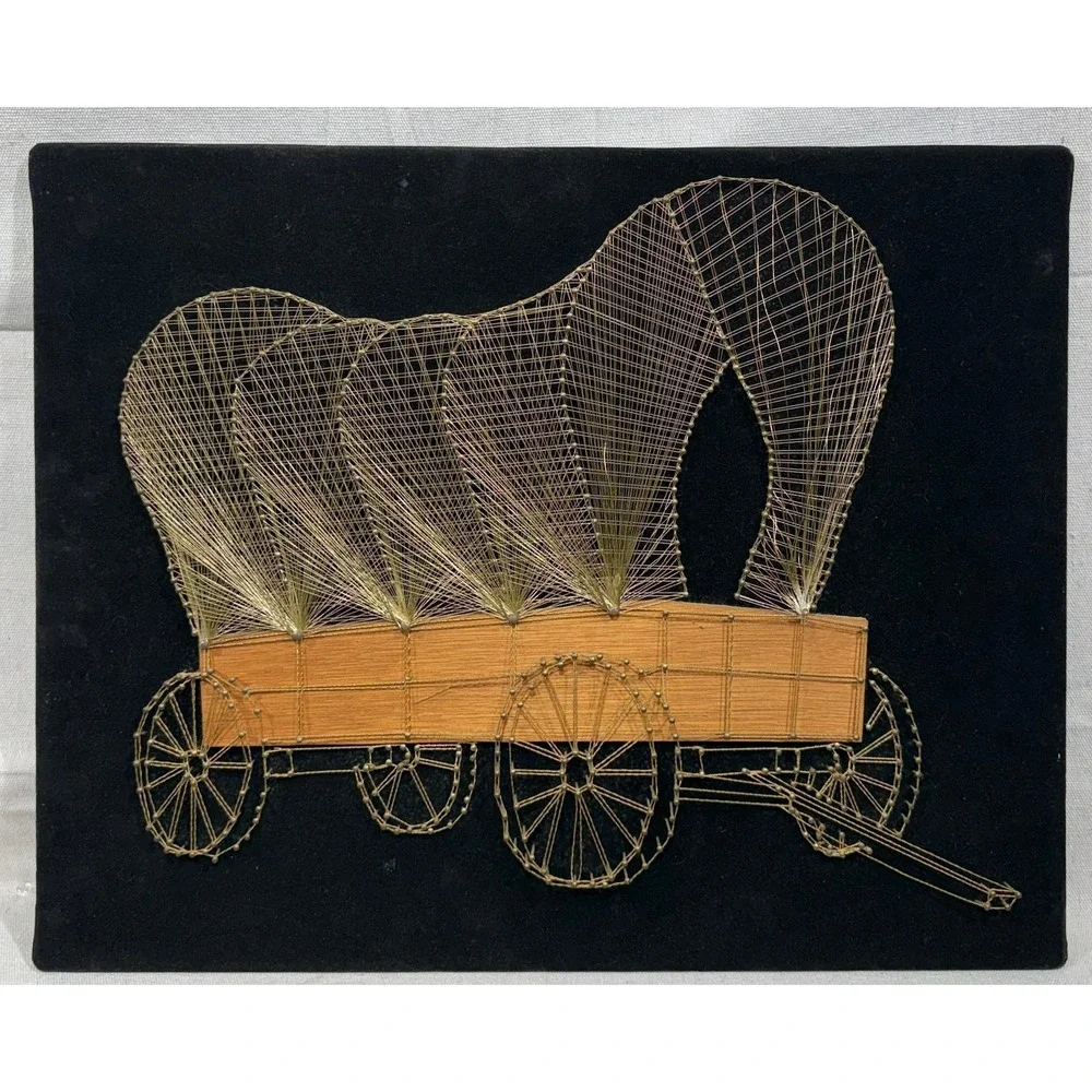Vintage String Art Covered Wagon Pioneer Days Western Folk Art Velvet 20x16